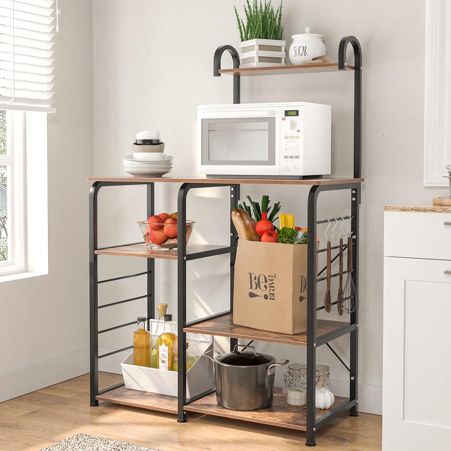 SogesHome 4-Tier Kitchen Baker's Rack Utility Microwave Oven Stand Storage Cart Workstation Shelf, Vintage Brown