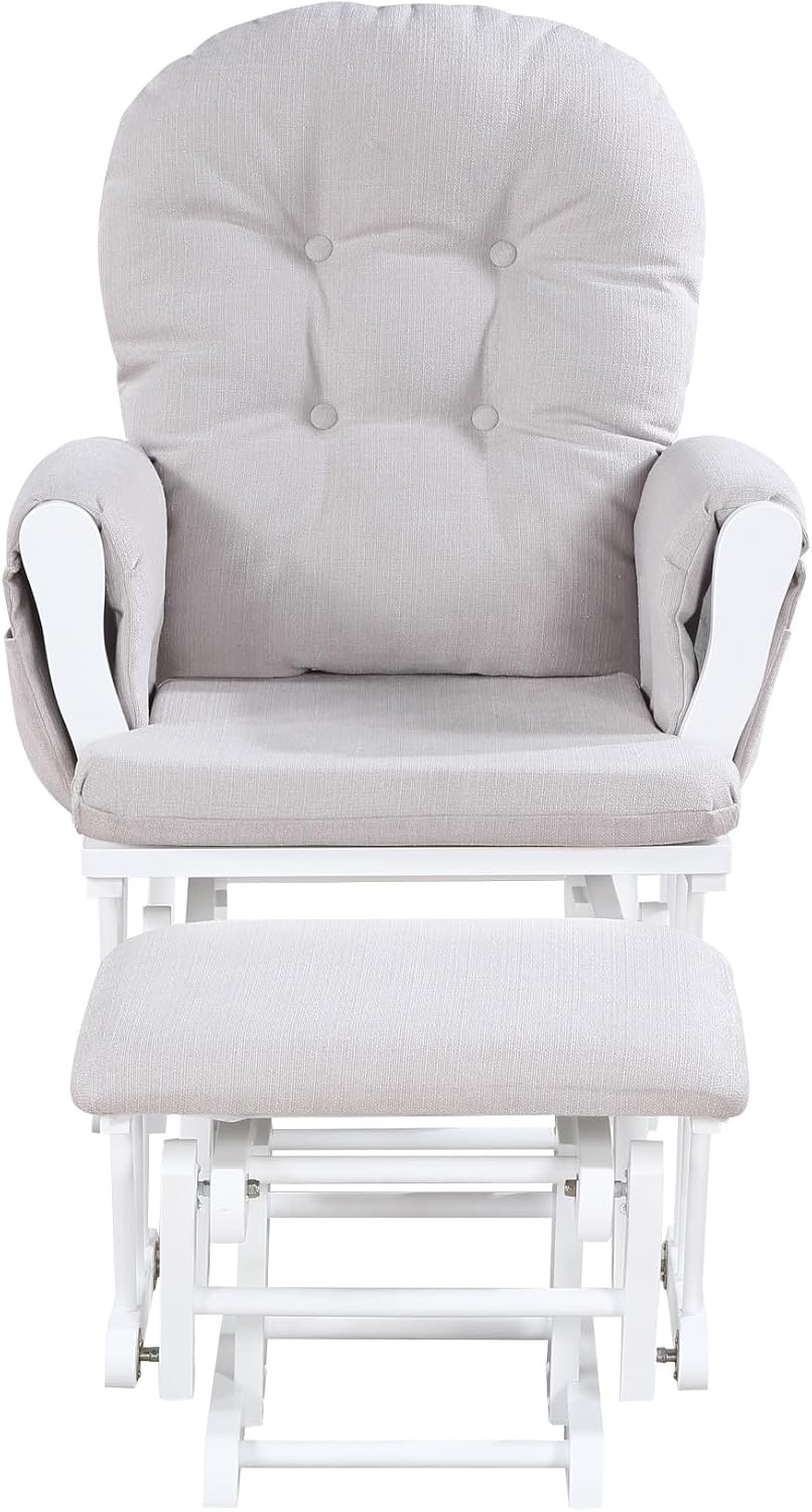 Penau Glider Ottoman, Quiet Gliding, Gray Fabric, Button Tufted | Soft Quiet Gliding, Nursery Bonding Use, Button Tufted Cushion, Side Storage Pocket, Ottoman