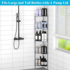 5 Tier Floor Standing Corner Shower Caddy Organizer Shelf with Hooks, Bathroom Shelves Stand Rack, Dark Gray