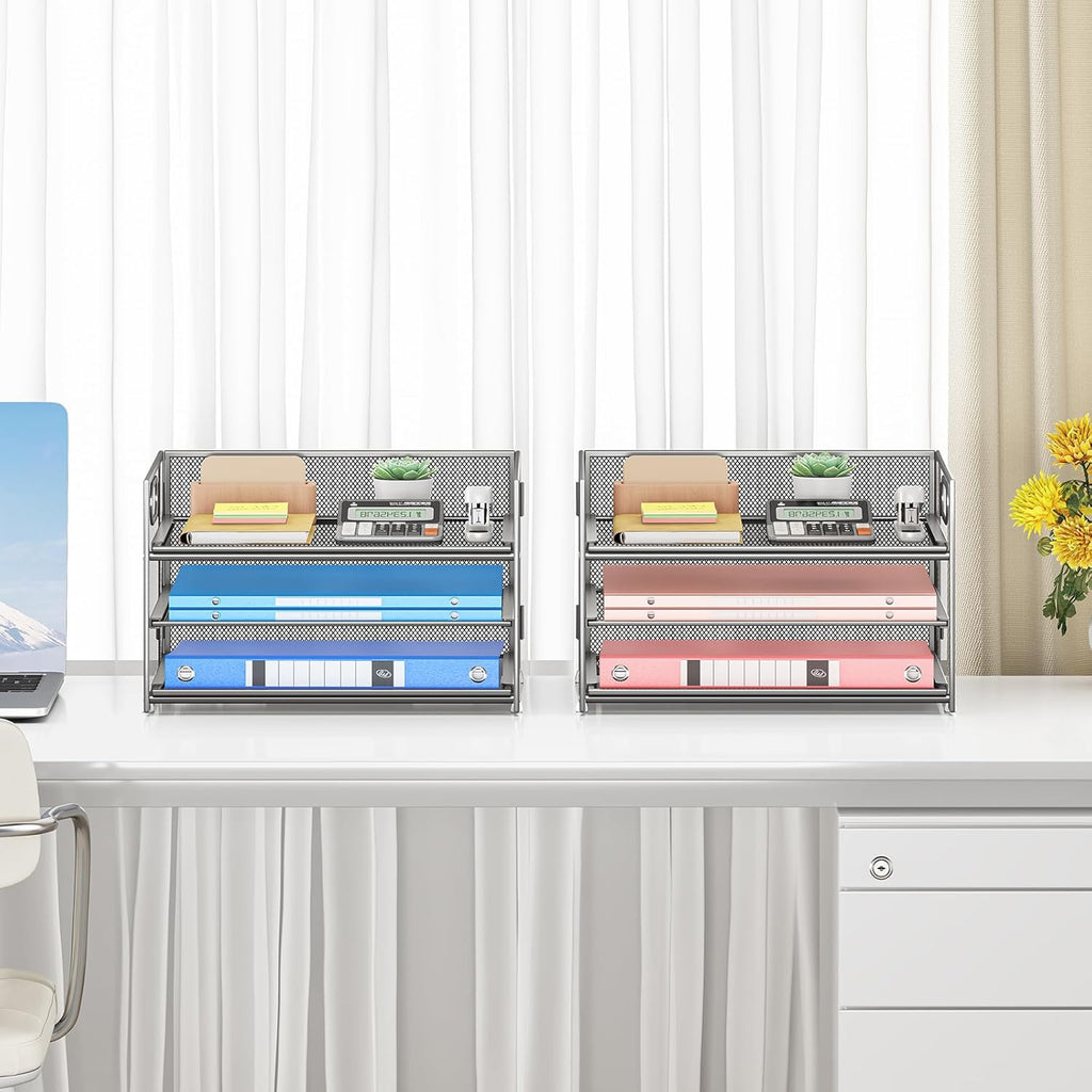 Subekyu 2-Pack 3-Tier Silver Metal Mesh Desk Paper Letter Tray & File Sorter Organizer with Handle + 1 Sliding Tray for Desk, Home, Office, School Supplies, A4 Paper and Accessories Storage
