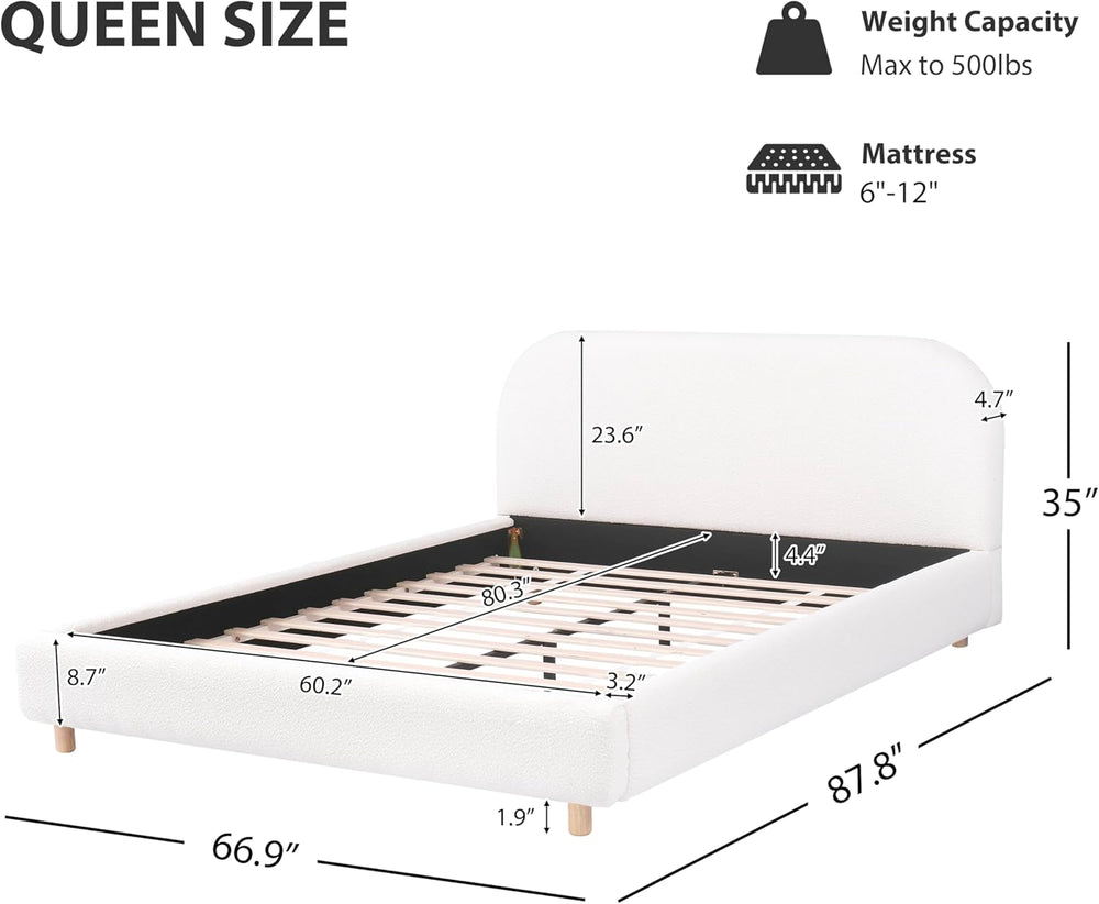 Queen Size Bed Frame, Cloud Upholstered Boucle Platform Beds Frames