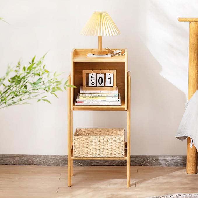 Welnow Bamboo Bookcase with Cabinet, Natural End Table with 1-Tier Storage Sh...