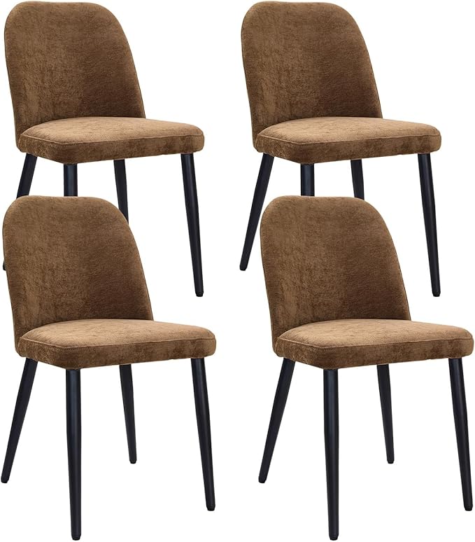 Upholstered Dining Chairs Set of 4, Chenille Mid Century Modern Fabric Dining Room Chair High-Back Padded Kitchen Chairs with Padded Seat and Metal Legs for Kitchen Dining Room Restaurant Cafe, Brown