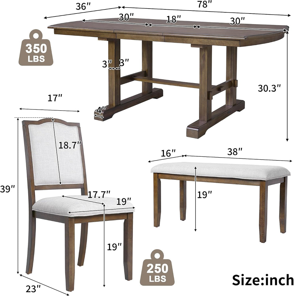 6-Piece Dining Table Set, 60inch to 78inch Extendable Wood Dining Table with ...