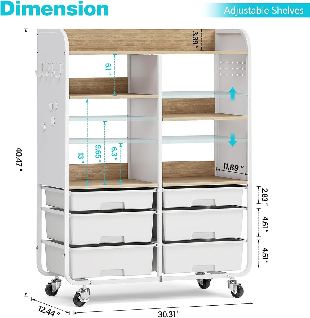 6-Drawer Rolling Storage Cabinet with Wooden Top & Pegboards，Utility Craf...