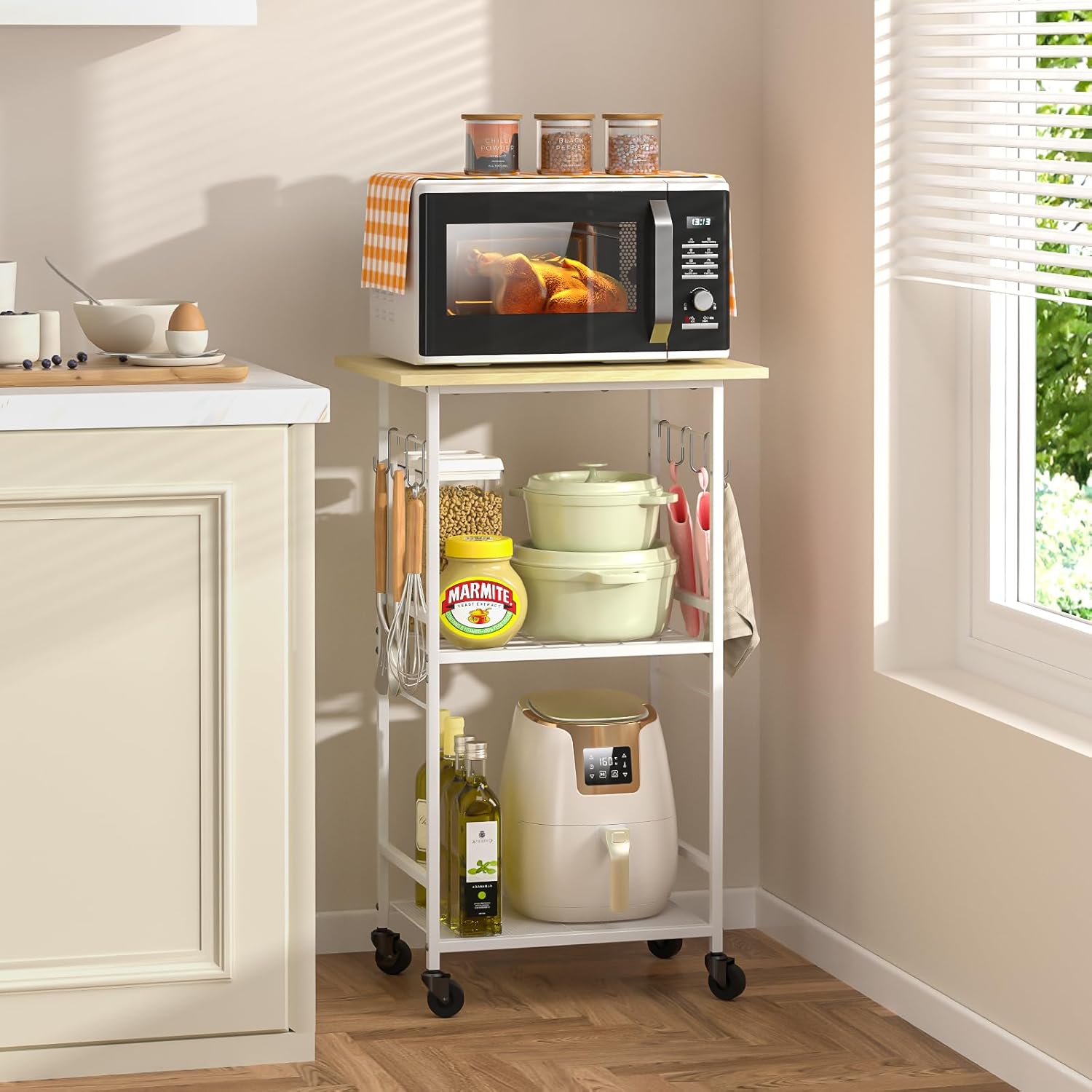 Rolling Kitchen Microwave Cart, 3 Tier Microwave Table Stand with Adjustable Shelf, Kitchen Storage Rack on Wheels, Coffee Station Cart Rack Shelf Organizer for Living Room Office, Balcony