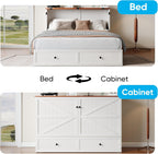 Mjkone Full Murphy Bed Cabinet with Tri-Folding Mattress, Distressed Wooden 57" W Cabinets Wall Chest Beds with Built-in Charging Station & Storage Drawer for Office Guest Bedroom Living Room, White
