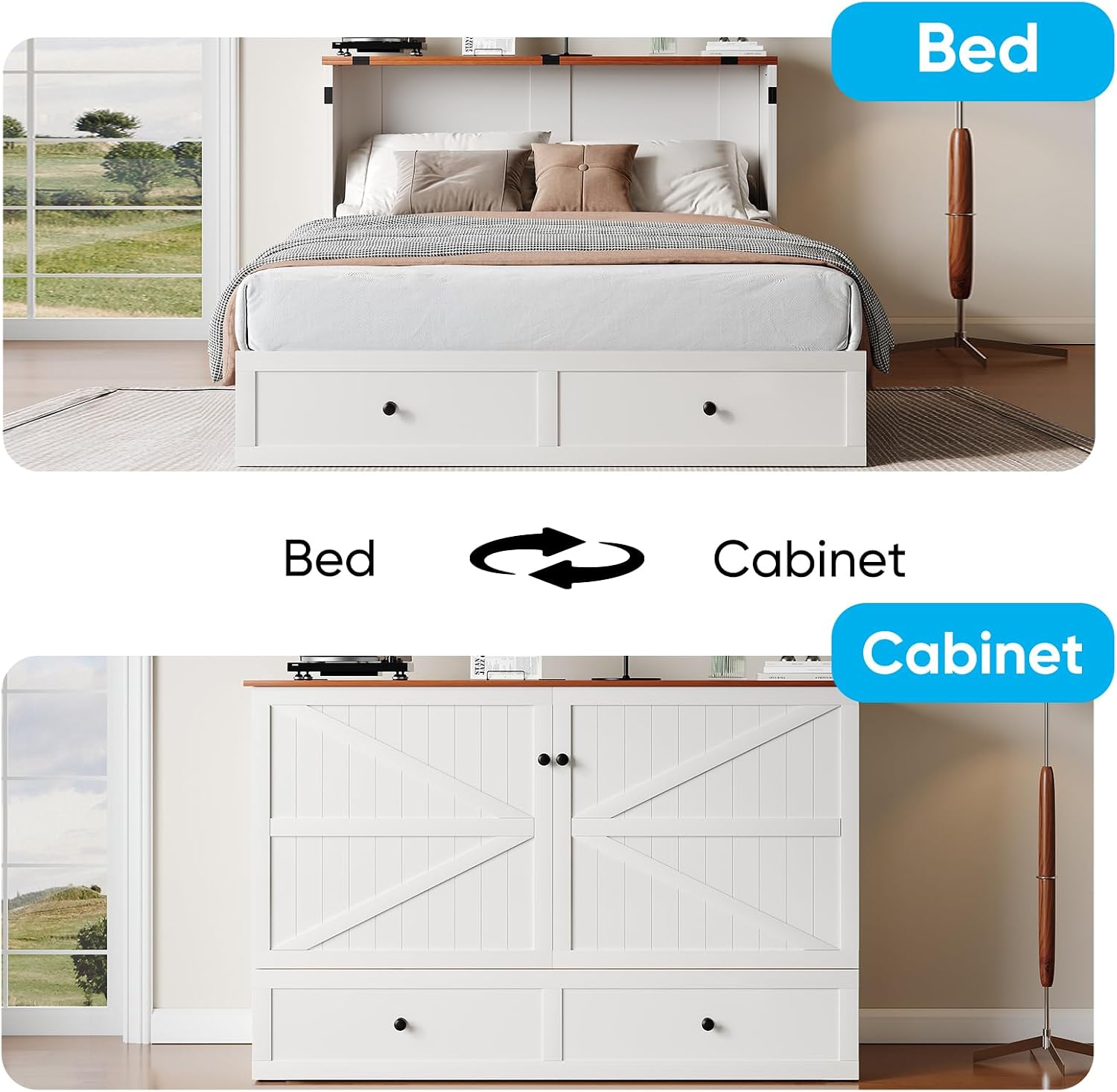 Mjkone Full Murphy Bed Cabinet with Tri-Folding Mattress, Distressed Wooden 57" W Cabinets Wall Chest Beds with Built-in Charging Station & Storage Drawer for Office Guest Bedroom Living Room, White