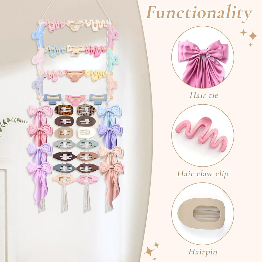 SNOWSTAR Macrame Flat Hair Claw Clip Holder Organizer,Large Capacity Hanging Hair Clip Holder and Storage for Women Girls,Flat Claw Clips Storage Hanger Home Decor for Wall,Door,Closet
