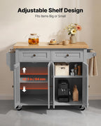 VEVOR Kitchen Island Cart with Storage, 43.7 in Wide Mobile Rolling Storage Island on Swivel Wheels, with 2 Drawers, Storage Cabinet, Spice/Towel Rack, Hooks, Table for Home Dining Room, Gray