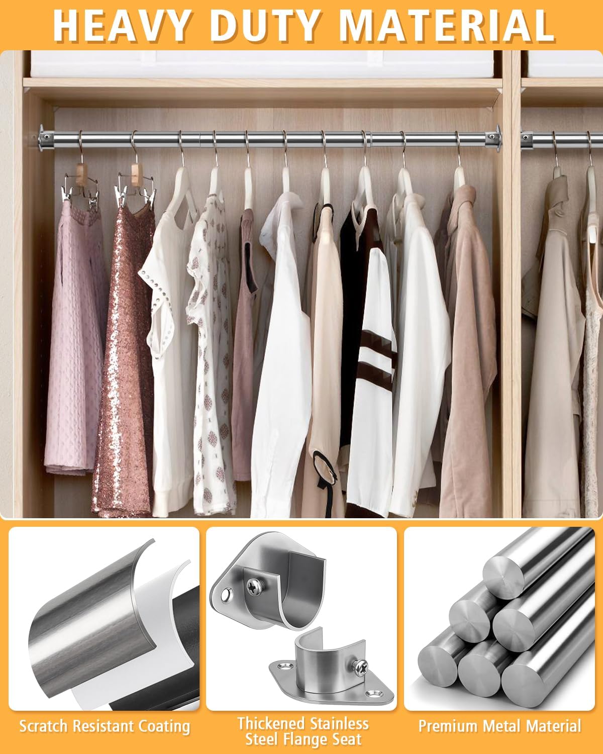 Closet Rod, 17 to 28 Inch Heavy Duty Adjustable Metal Clothing Rack for Hanging Clothes, Closet Poles for Wardrobes, Laundry, Durable Steel, Silver