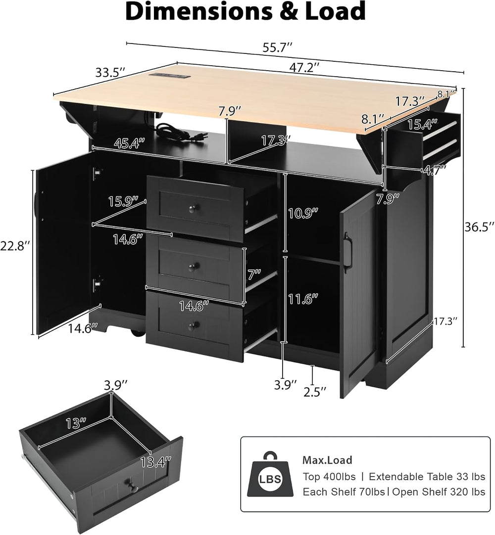 Kitchen Island with 2 Drop Leaf, Home Cart Island on Wheels Foldable Dining T...