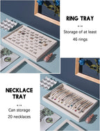 Coward Set of 5 Stackable Jewelry Organizer Tray Necklace Earring Box Storage Ring Bracelet Display Holder (beige(ring+necklace+12girds+24girds+The glass lid))