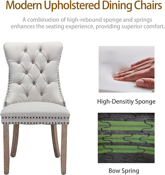 Dining Chairs Set of 2, Upholstered Tufted Linen Fabric Dining Room Chairs with High Back, Nailhead Trim and Solid Wood Legs, Modern Dining Chair for Dining Room, Kitchen(Beige)