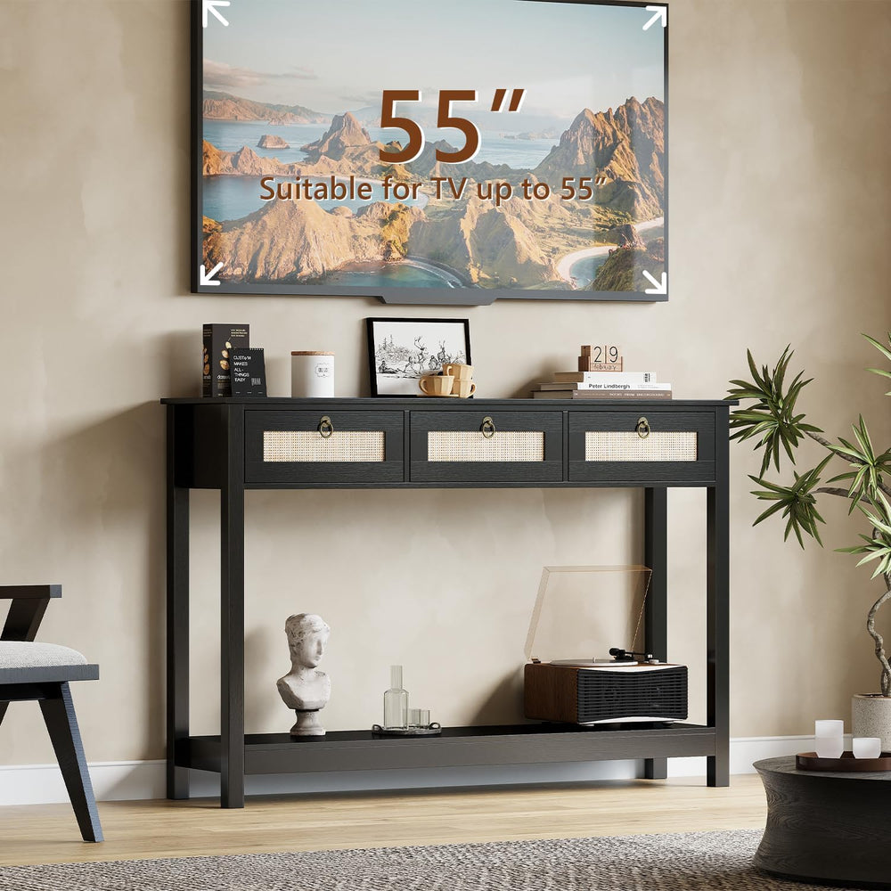 LAZZO 47.3" Rattan Console Table Narrow Entryway Sofa Table with 3 Drawe...