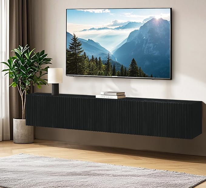 ZYBT Floating TV Stand, Modern Wall Mount Entertainment Center TV Shelf, 70.7" Media Console Under TV Storage Cabinet with Fluted Doors, TV Consoles for Living Room, Floating Cabinet for Wall (Black)