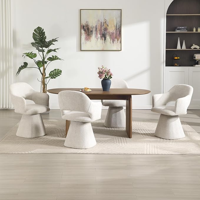 360° Swivel Dining Chair with Arms Set of 4, Chenille Upholstered Barrel Accent Kitchen Chairs with Hollow High Back Deskchair for Dining Room Bedroom Vanity, Beige