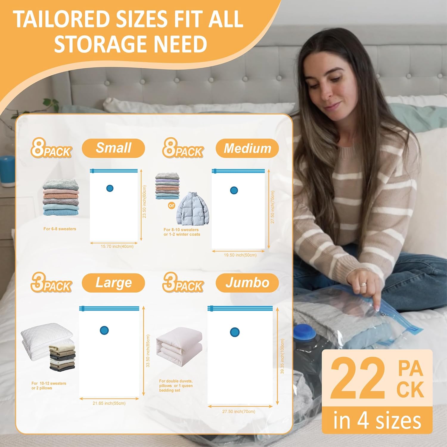 22 Pack Vacuum Storage Bags with Rechargeable Wireless Electric Pump, Vacuum Seal Space Saver Bags for Clothing, Pillows, Blanket, Bedding, Comforter