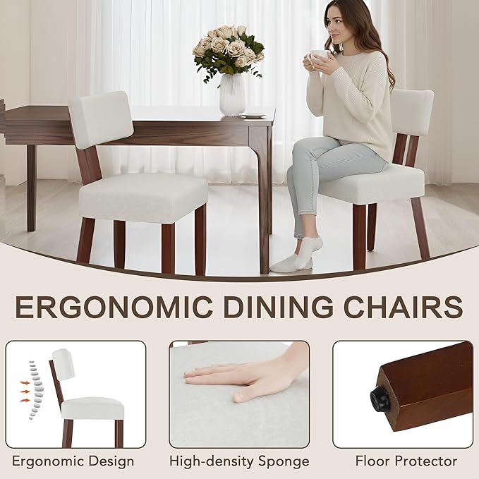 GOTMINSI Mid Century Modern Dining Chairs,Velvet Farmhouse Upholstered Kitchen Chairs, Accent Curved Backrest Dining Room Chairs with Hardwood Legs (Beige-Walnut Legs, 2PCS)