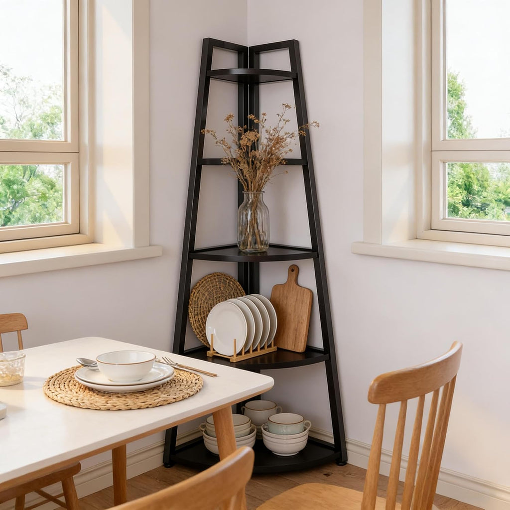 BIGTO Tall Ladder Display Shelf 16.55"*15"*69.3", Black Metal Corner 5-Tier Bookshelf Home Furniture
