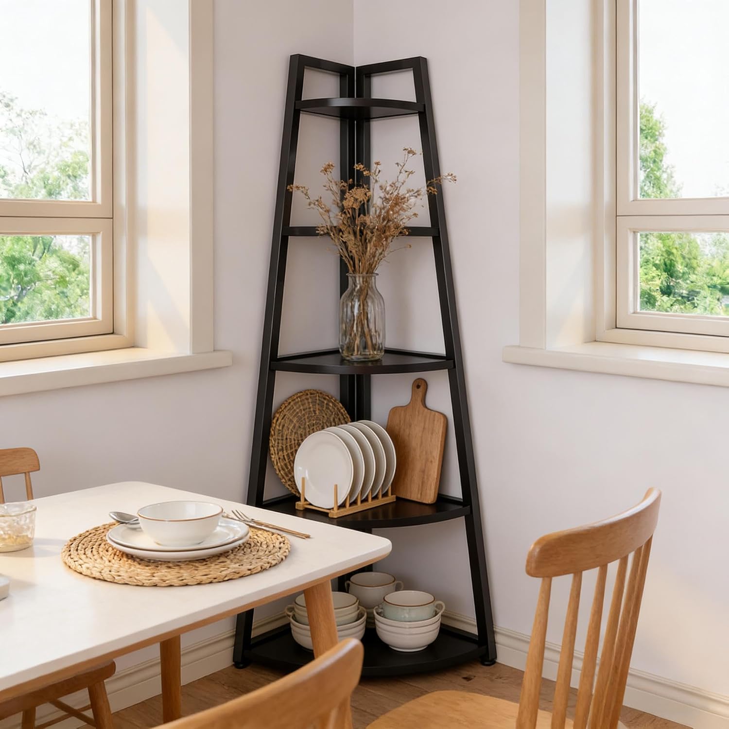 BIGTO Tall Ladder Display Shelf 16.55"*15"*69.3", Black Metal Corner 5-Tier Bookshelf Home Furniture