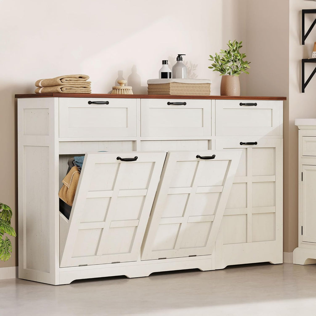 DWVO 58.3" Rustic Kitchen Island Storage Cabinet | Tilt Out Trash Can Cabinet, Farmhouse Kitchen Island with 3 Drawers, 2 Tilt-Out Doors for 10 Gallon Bins, Adjustable Shelf