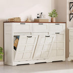DWVO 58.3" Rustic Kitchen Island Storage Cabinet | Tilt Out Trash Can Cabinet, Farmhouse Kitchen Island with 3 Drawers, 2 Tilt-Out Doors for 10 Gallon Bins, Adjustable Shelf