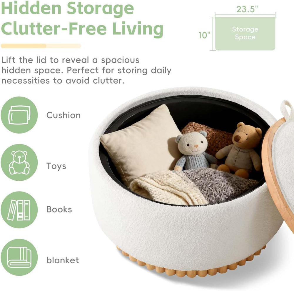 29" Boucle Upholstered Round Storage Ottoman with Solid Wood Legs, Moder...
