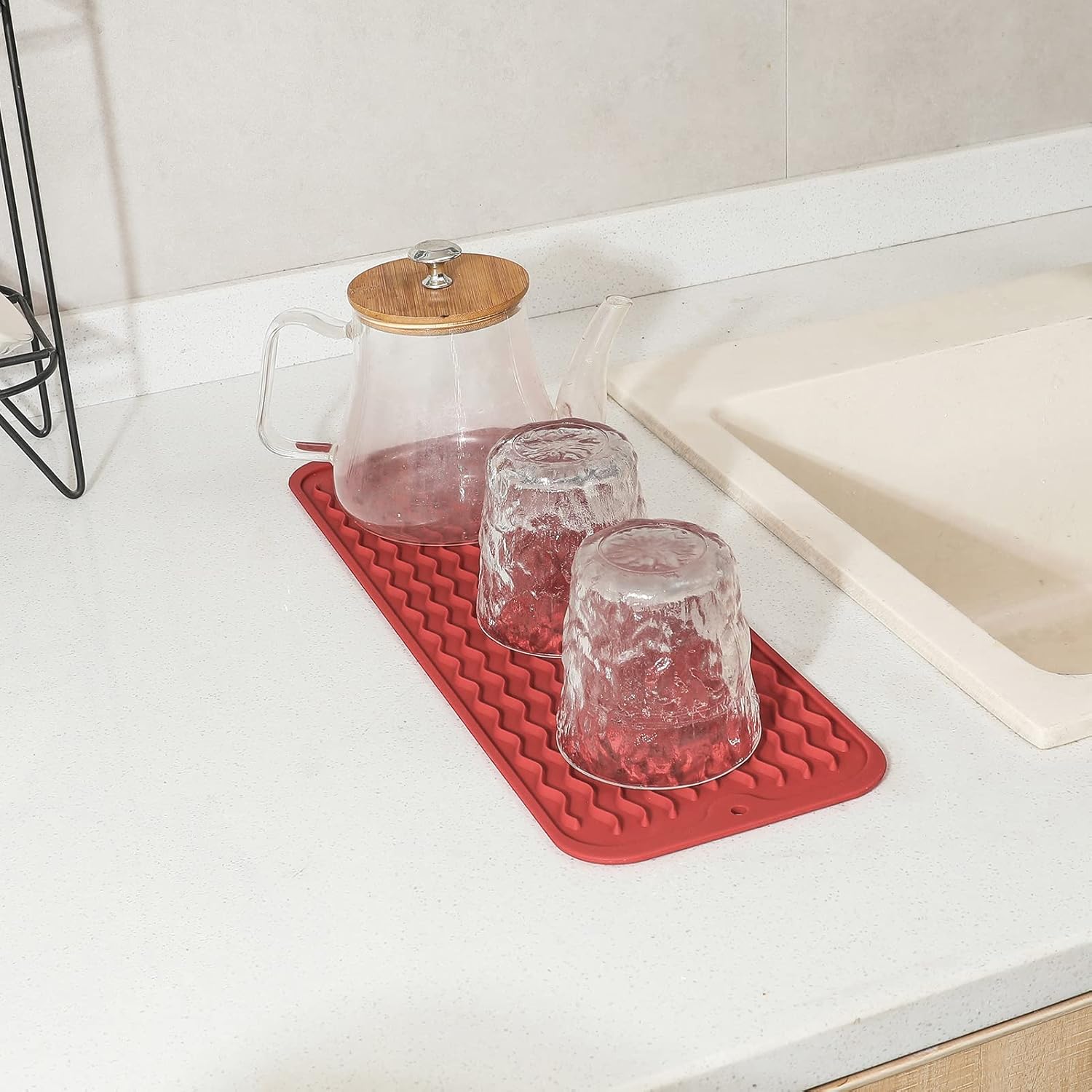 Silicone Dish Drying Mat for Multiple Usage,Easy clean,Eco-friendly,Heat-resistant Silicone Mat for Kitchen Counter,Sink,Bar,Bottle,or Cup Red M 17 inches x 6 inches
