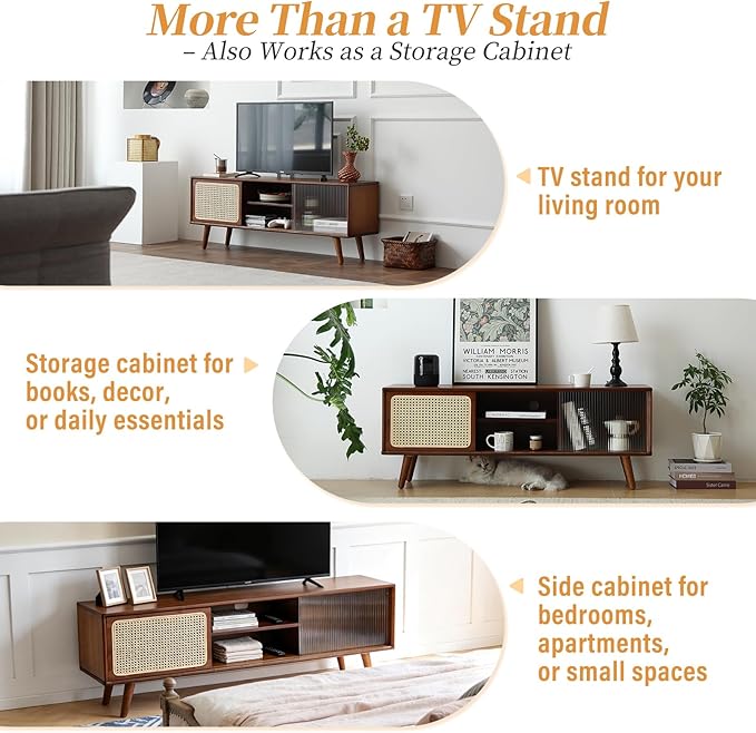 Tiita Rattan TV Stand for 55 Inch TV, Bamboo TV Cabinet with Adjustable Shelf and Storage, Boho Entertainment Center, Mid Century Modern Media Console for Bedroom, Living Room, Study, Walnut