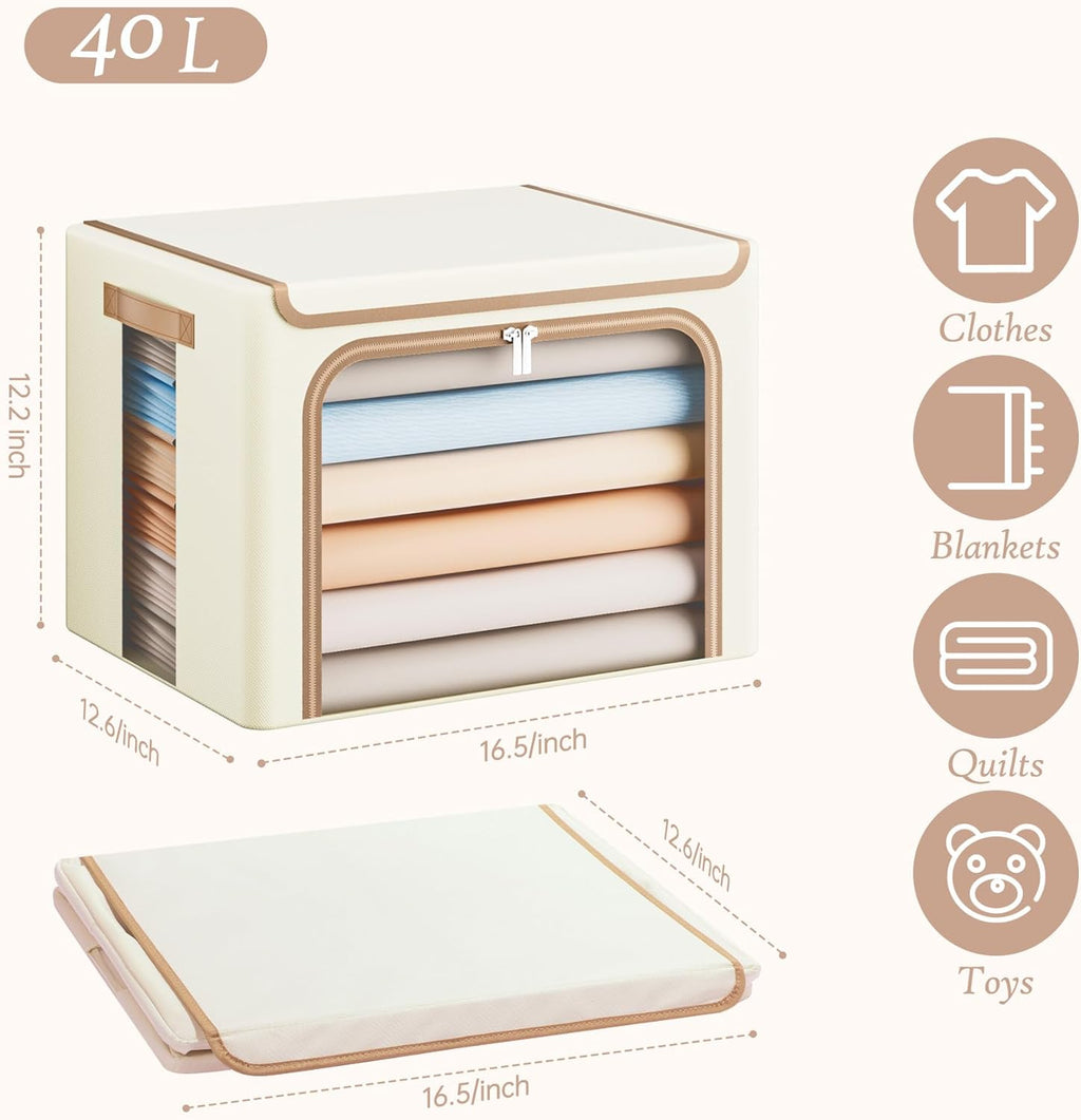 Yecaye Clothes Storage Bins with Metal Frame, Foldable Clothing Storage Bin with Lid, Stackable Oxford Fabric Organizer Box With Clear Window & Zippers & PU Leather Handles (3 Pack,Beige,40L)