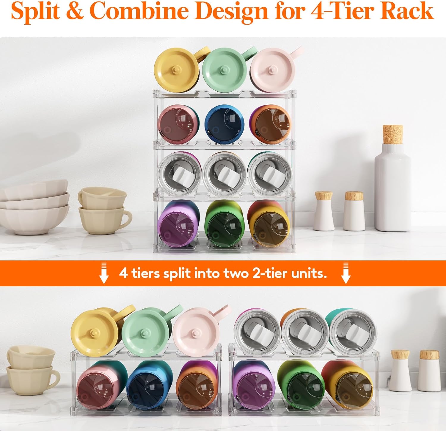 Lifewit Stackable Water Bottle Storage Organizer, Clear Freestanding Wine Bottle Holder for Cabinet, Tumbler Cup Organizer, Plastic Large Compartment Wine Rack for Fridge Cellar, 3Tier Hold 12