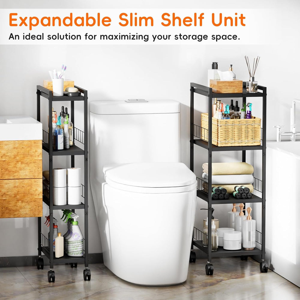 Expandable Slim Storage Cart with Wheels, 4 Tier Narrow Metal Rolling Utility...