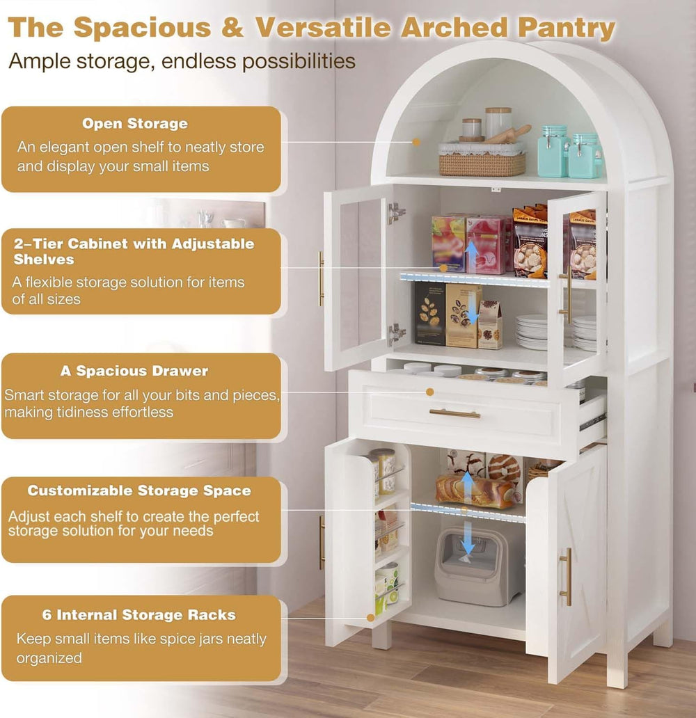 71" Arched Farmhouse Pantry Cabinet with Glass Barn Door, Versatile Cupb...