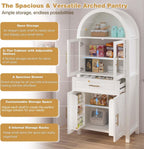 71" Arched Farmhouse Pantry Cabinet with Glass Barn Door, Versatile Cupboard with Adjustable Shelf Wood Storage Cupboard for Kitchen, Living & Dining Room (White)