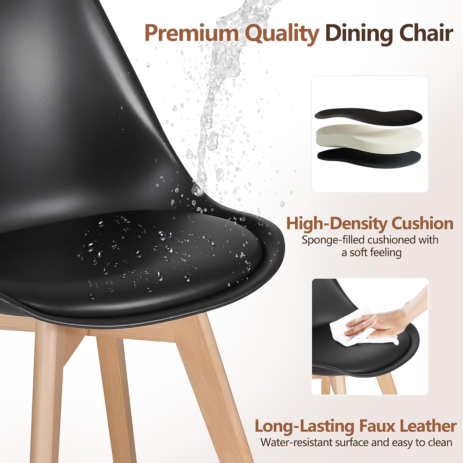 VECELO Dining Chairs Set of 4, Mid-Century Modern Kitchen & Dining Room Chairs, PU Leather Upholstered Seat, Solid Wood Legs, Armless, Non-Slip Feet, Black