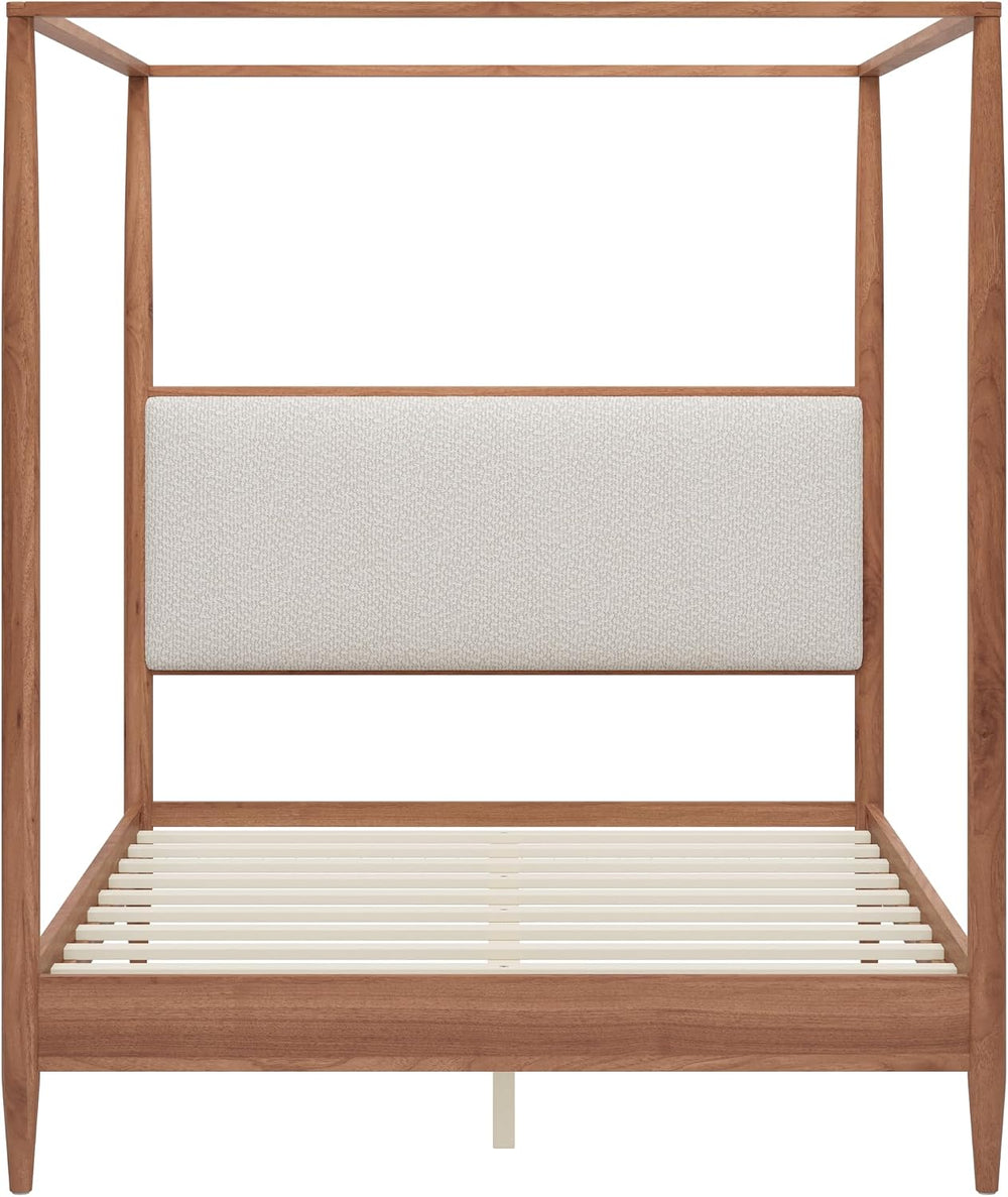 SOFTSEA Queen Size Wood Canopy Bed with Upholstered Headboard, Walnut