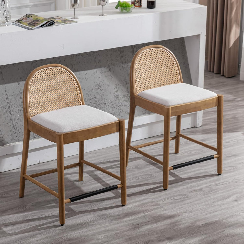 Ya-Home Mid-Century Bar Stools Set of 4, 26 Inch Rattan Back Linen Counter He...