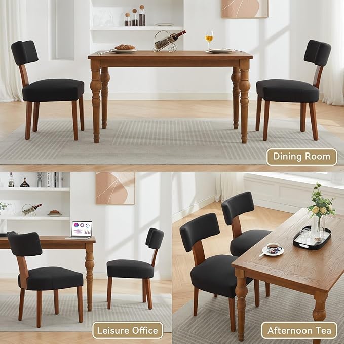Dining Chairs Set of 6 Upholstered Dining Chairs, Mid Century Modern Kitchen Chairs with Solid Wood Legs and Ergonomic Curved Backrest, Black Linen Fabric (Black, Set of 6)