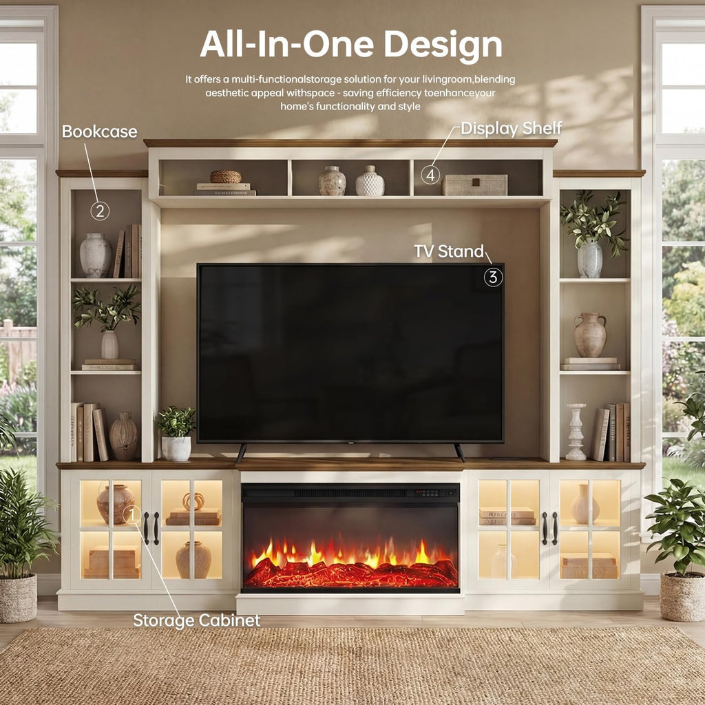 98" Farmhouse Fireplace TV Stand with 36" Electric Fireplace, Wall Media Console with Barn Doors,Bookshelf Wine Storage, Entertainment Center Fits TVs Up to 75" for Living Room, White