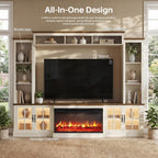 98" Farmhouse Fireplace TV Stand with 36" Electric Fireplace, Wall Media Console with Barn Doors,Bookshelf Wine Storage, Entertainment Center Fits TVs Up to 75" for Living Room, White