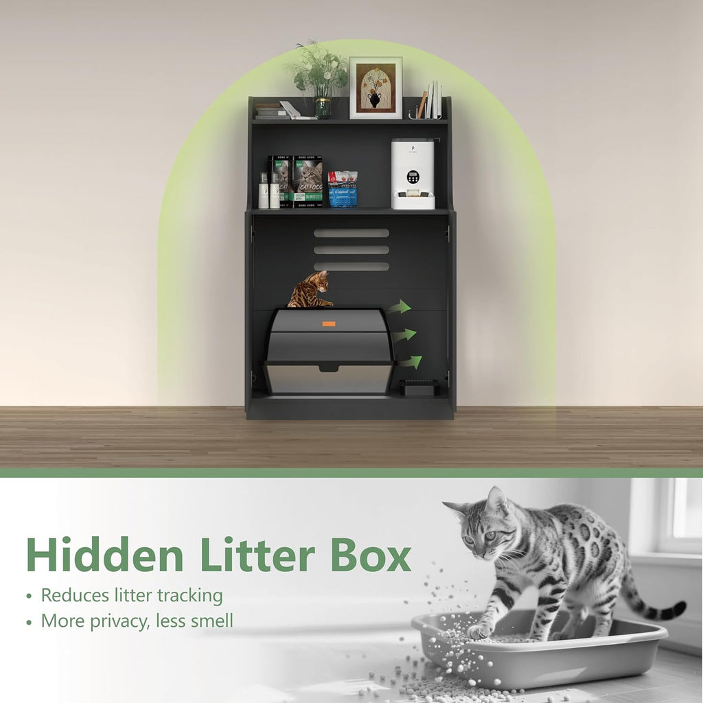 Large/Tall Litter Box Enclosure, Modern Wooden Litter Box Furniture for XL Litterbox with Open Shelf as Sideboard Cabinet (Black)