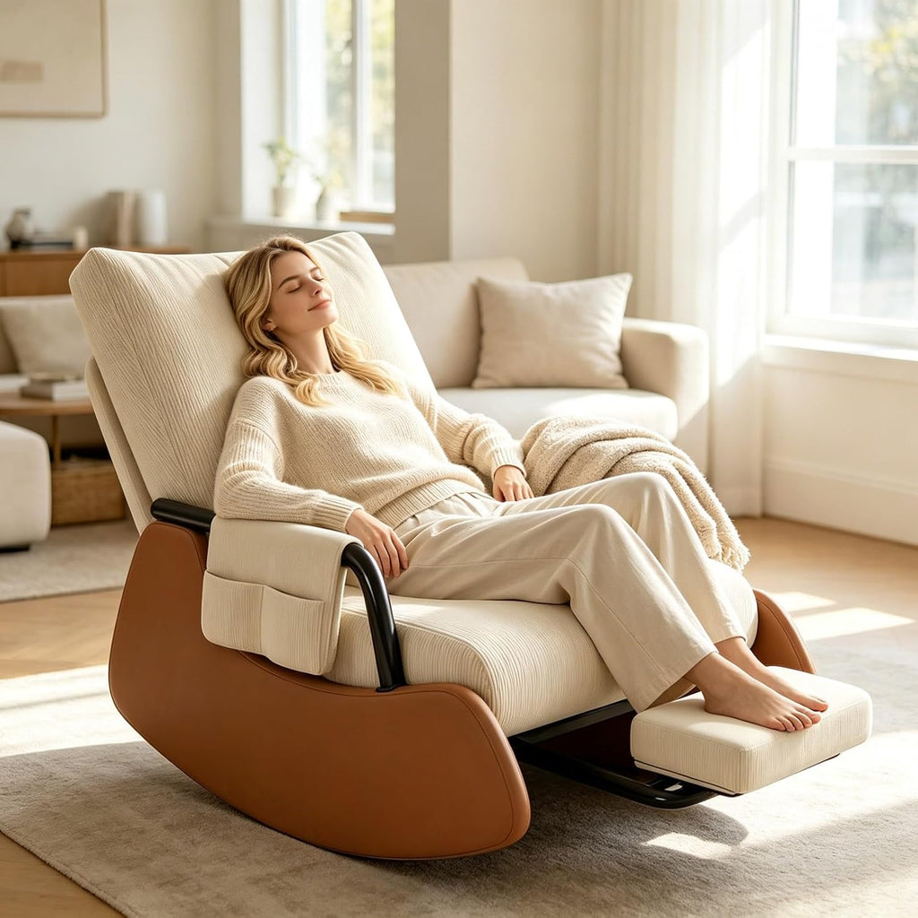 Nursery Chair Rocking Chair with Foot Rest Nursery Rocking Chairs, 3-Position Recliner Foldable Space-Saving Modern Corduroy Stable High Capacity Gliding Rocking Chair