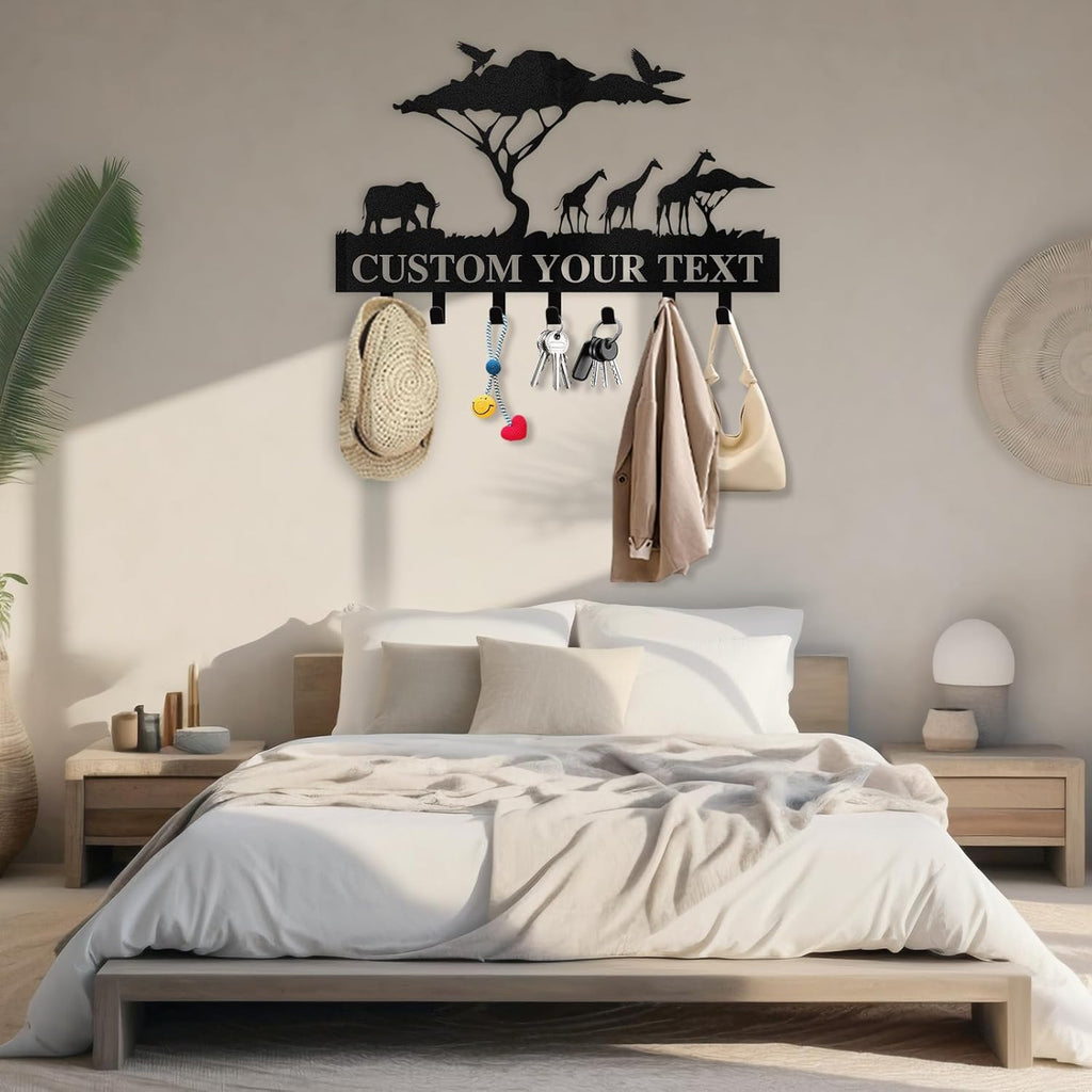 Personalized Key Holder for Wall | Custom Name Metal Cabin Key Hooks | Coat Hook Key Rack Wall Mount | Metal Wall Key Holder | Animal Theme African Art Decor for Living Room Hallway Office