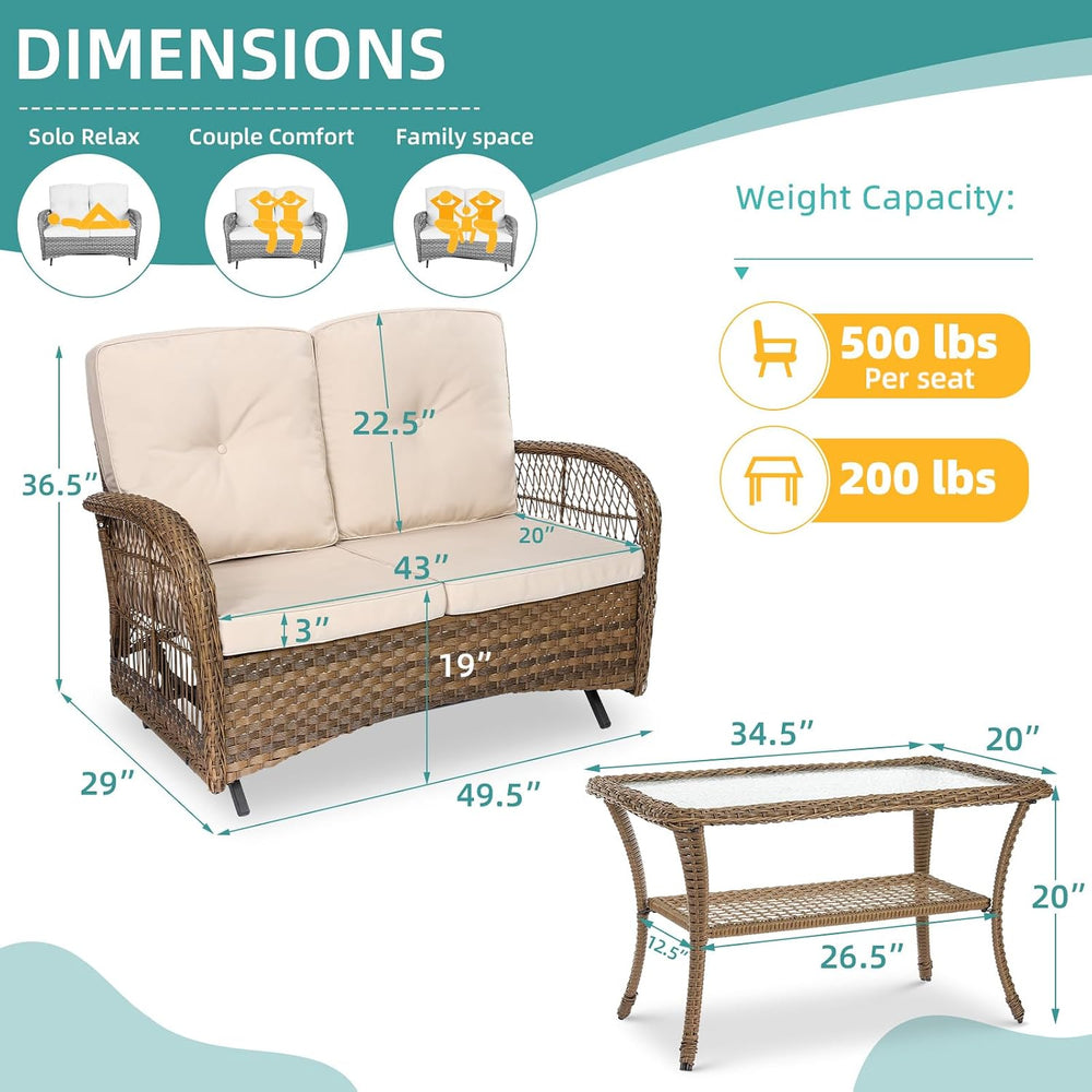 MEETWARM Outdoor Wicker Patio Glider Set, Loveseat for 2 Person Porch Furnitu...