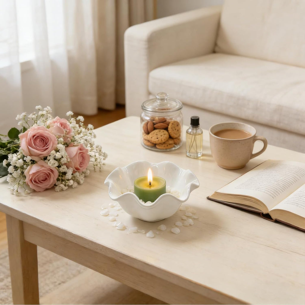White Flower Jewelry Dish, 3.5″ Lotus Jewelry Bowl Ring Holder, Ceramic Jewlery Tray Cute Vanity Nightstand Bathroom Room Decor Trinket Dish Valentine's Friendship Birthday Gifts for Women Mom