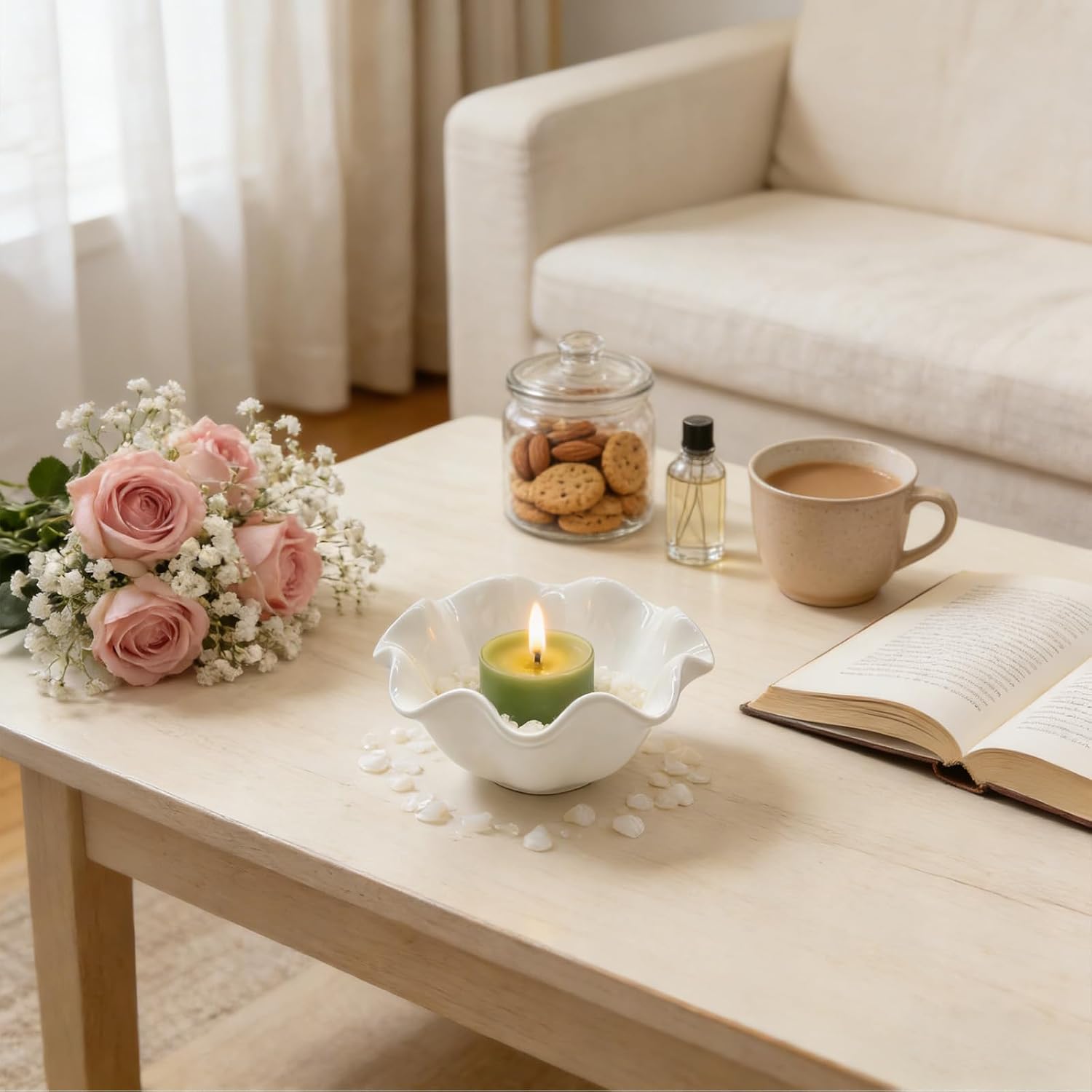White Flower Jewelry Dish, 3.5″ Lotus Jewelry Bowl Ring Holder, Ceramic Jewlery Tray Cute Vanity Nightstand Bathroom Room Decor Trinket Dish Valentine's Friendship Birthday Gifts for Women Mom