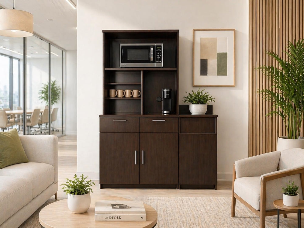 BREAKtime Compact Hutch Cabinet with Door Storage, Microwave Space and Trash ...