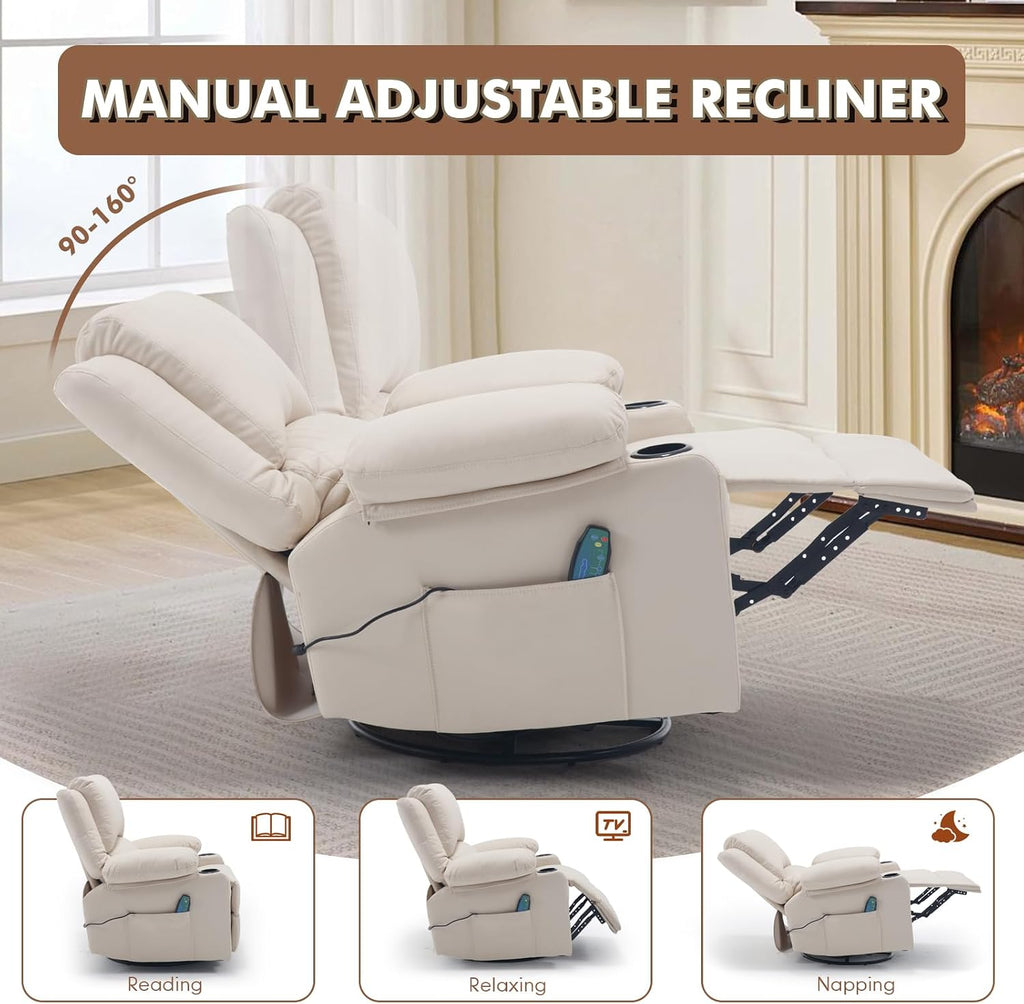 Massage Swivel Rocker Recliner Chair with Heat Nursery Rocking Glider Chair | Overstuffed, Cup Holders, Nursery Glider, Rocking Reclining Lounge Chair, Swivel Heated Massaging Recliner, Faux Leather