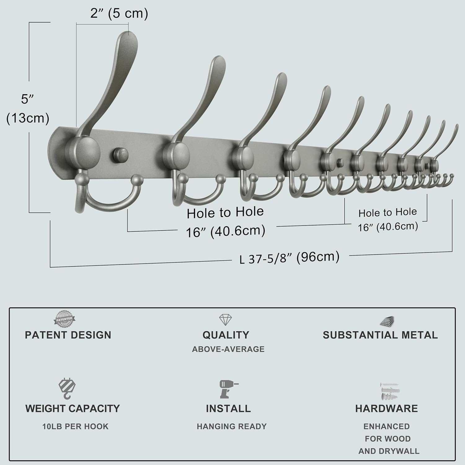 Dseap Coat Rack Wall Mount - 38” Long 10-Tri-Hooks Heavy Duty Coat Hanger Rail Wall Hooks for Hanging Coats Hats Clothing Clothes Purse Mudroom Entryway, Gray